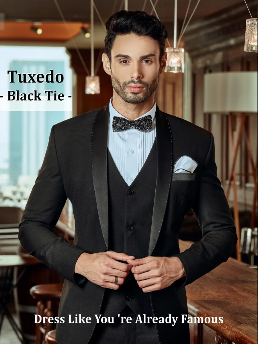 Black Textured Tuxedo, Shawl Lapel, V-Neck Waistcoat, Sparkling Bow Tie