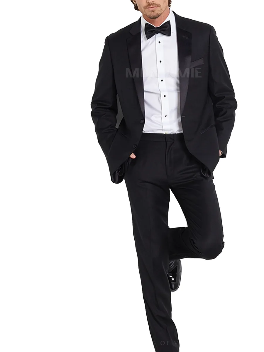 Black Two-Button Tuxedo, Satin-Faced Notch Lapel, Black Bow Tie