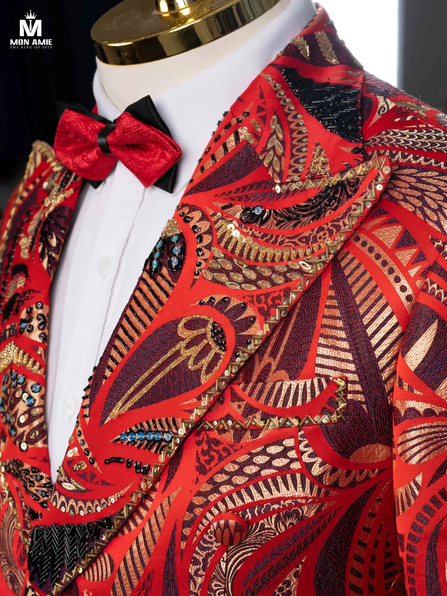 Red Jacquard Tuxedo with Gold Motifs and Beaded Lapel