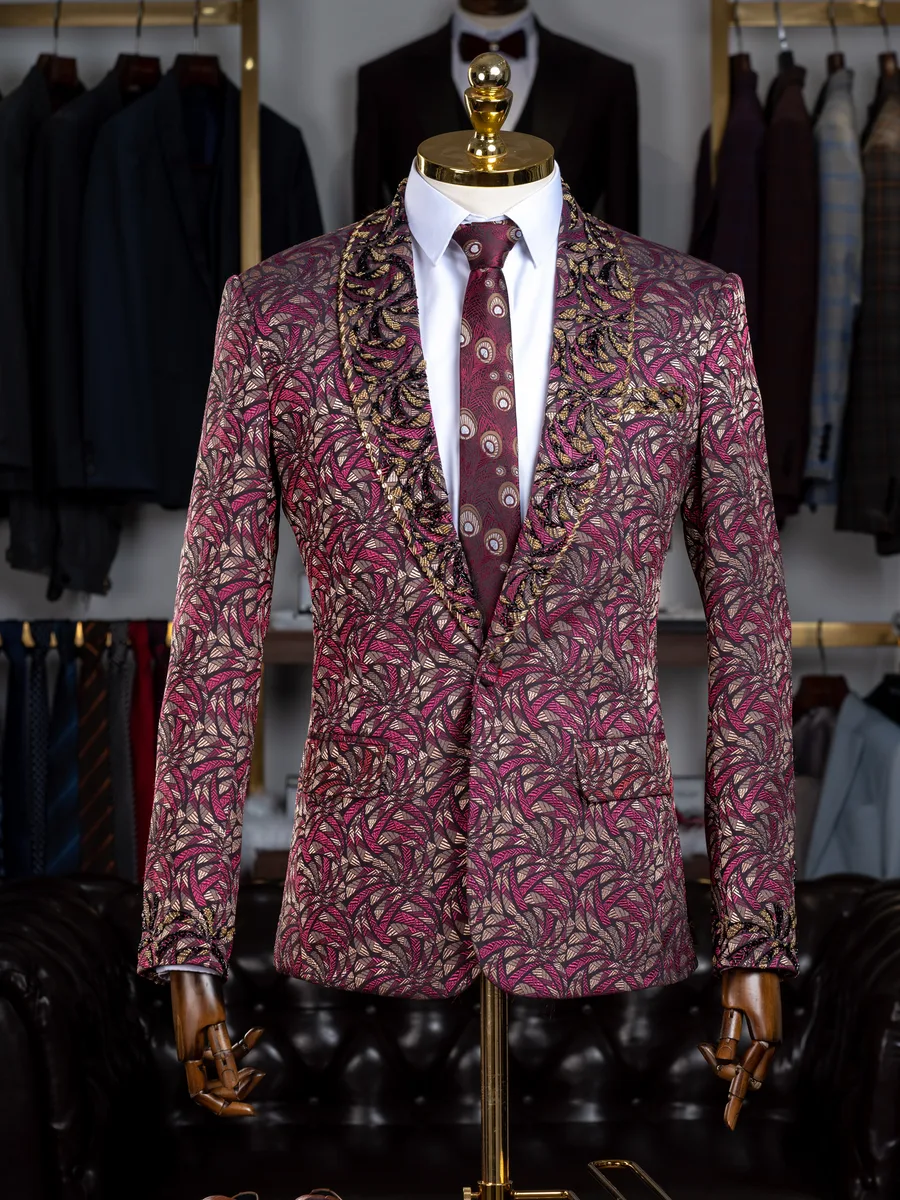 Magenta Jacquard Shawl-Lapel Tuxedo with Gold Beading
