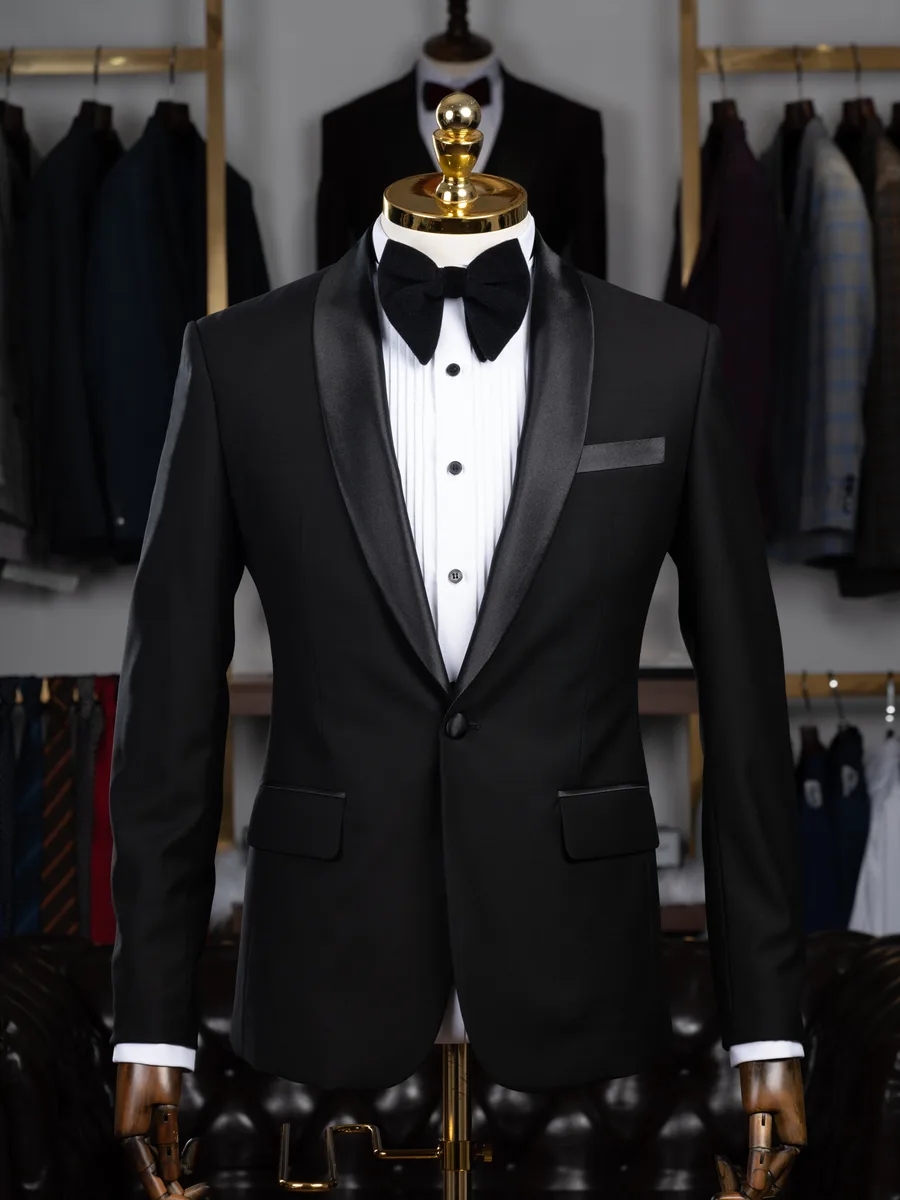 Black Shawl-Lapel Satin Tuxedo, Velvet Bow Tie