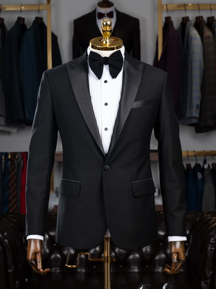 Black Peak-Lapel Satin Tuxedo, Velvet Bow Tie