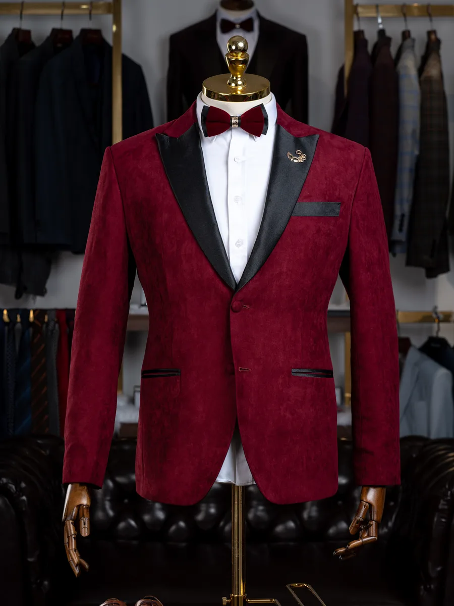 Burgundy Velvet Tuxedo Jacket, Black Satin Peak Lapel