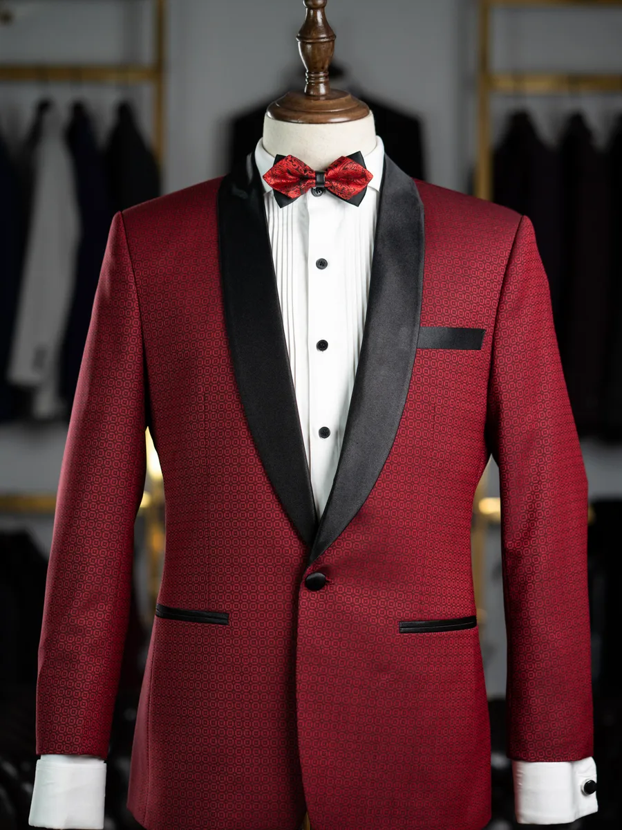 Red Geometric Jacquard Tuxedo, Black Satin Shawl