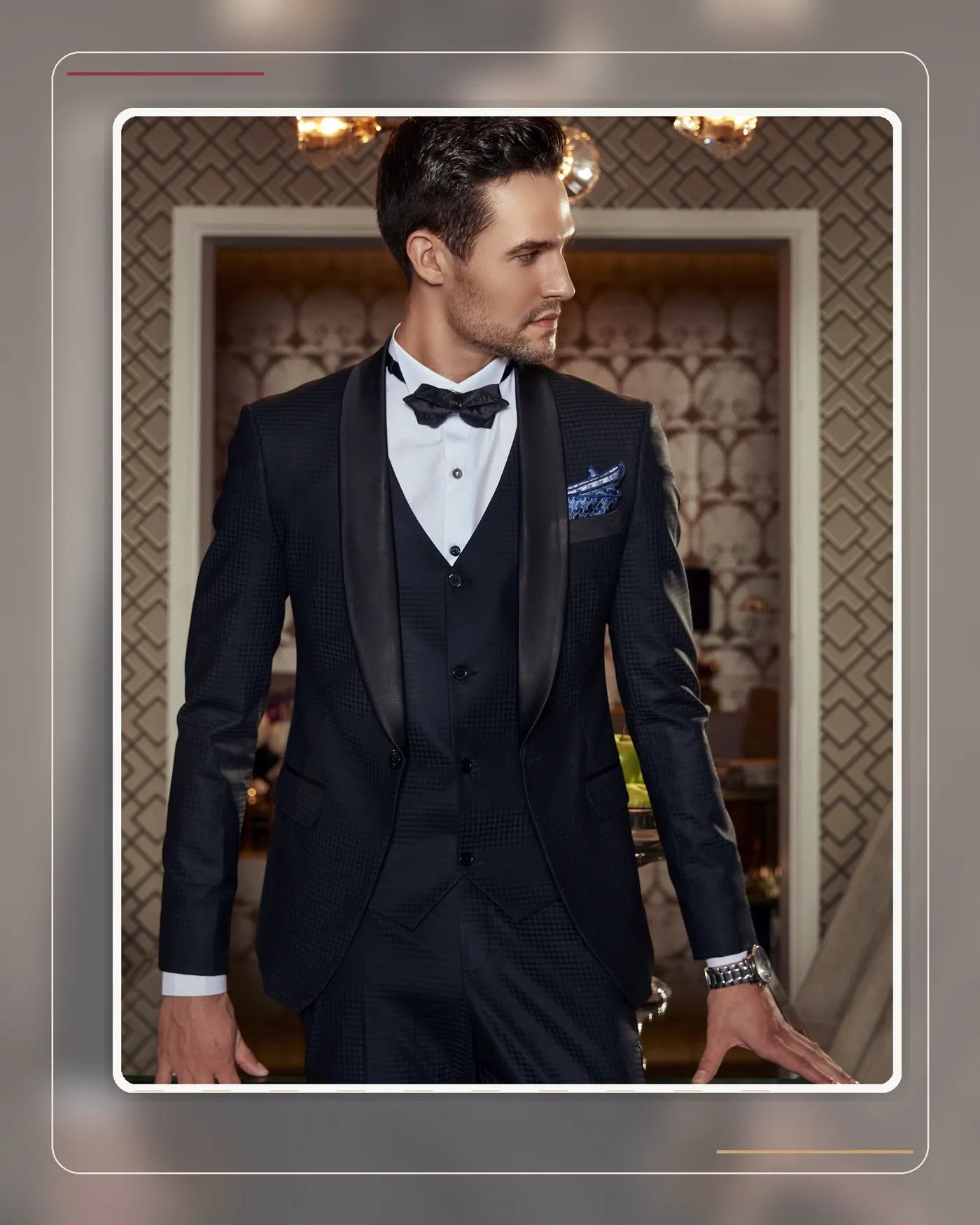 Dark formal look with a refined neckwear accent