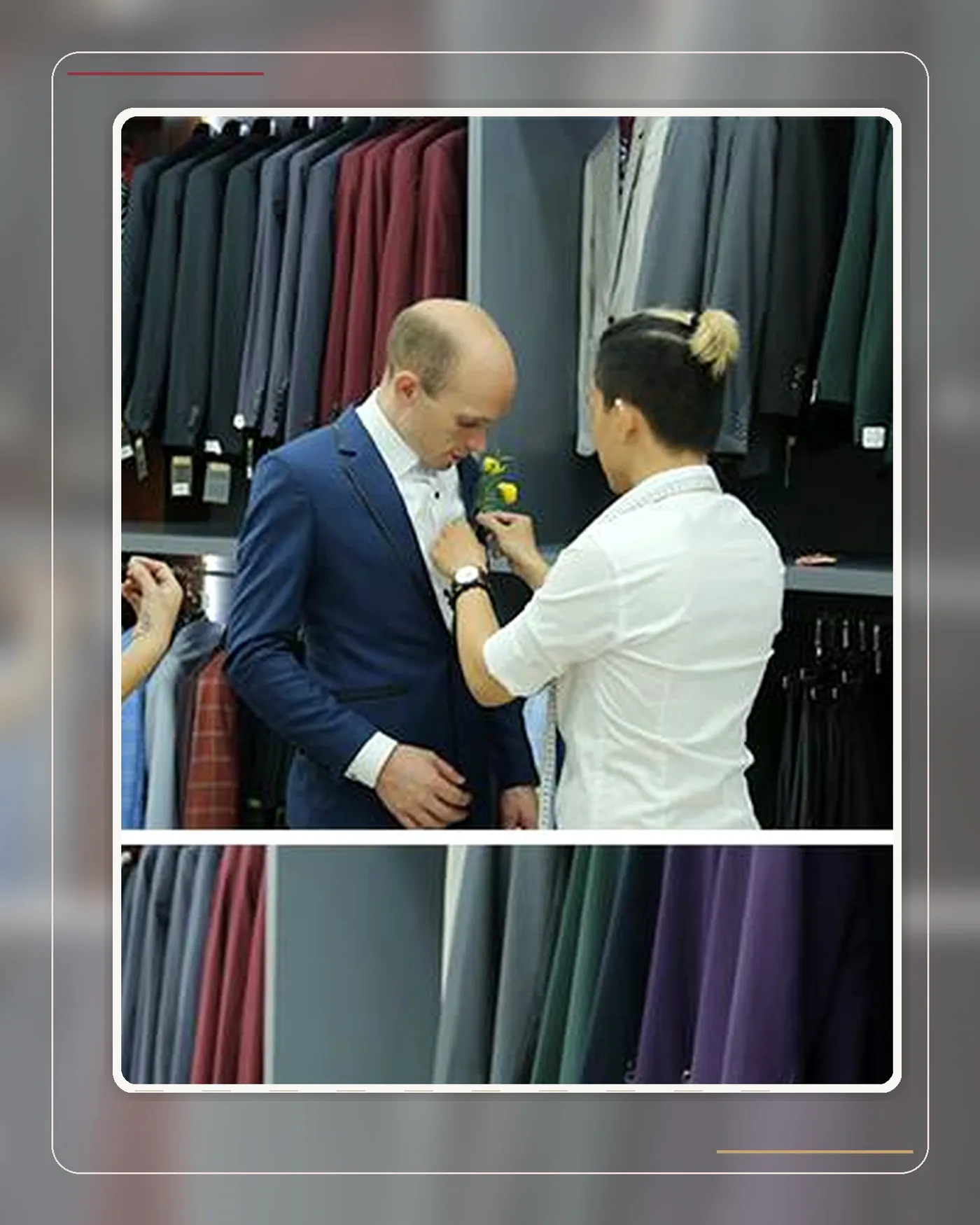 Groom trying on a tailored blue suit with a calculated fit in Mon Amie's fitting room