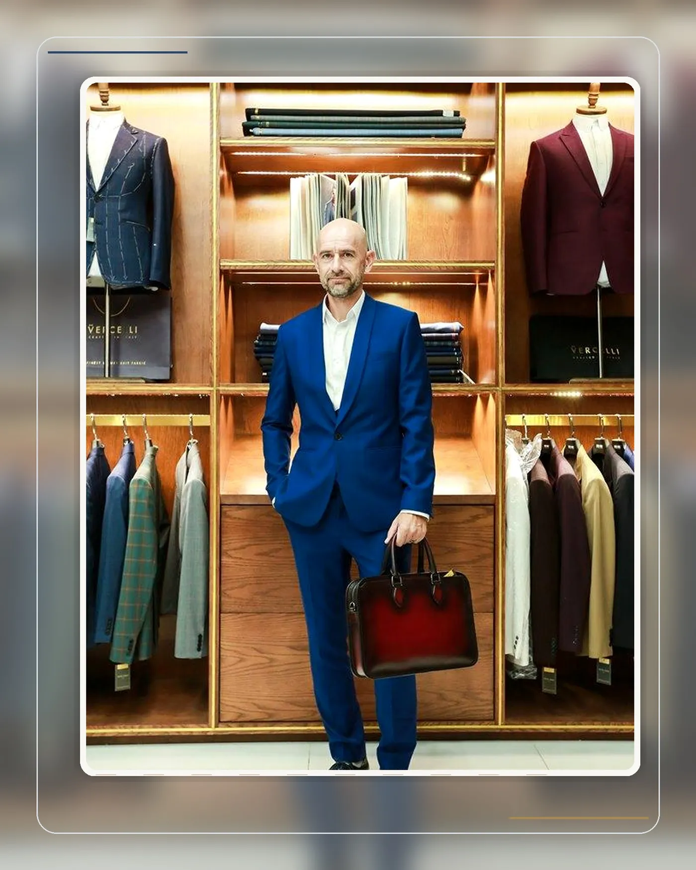 A tailored navy business suit for sales professionals at the Mon Amie showroom