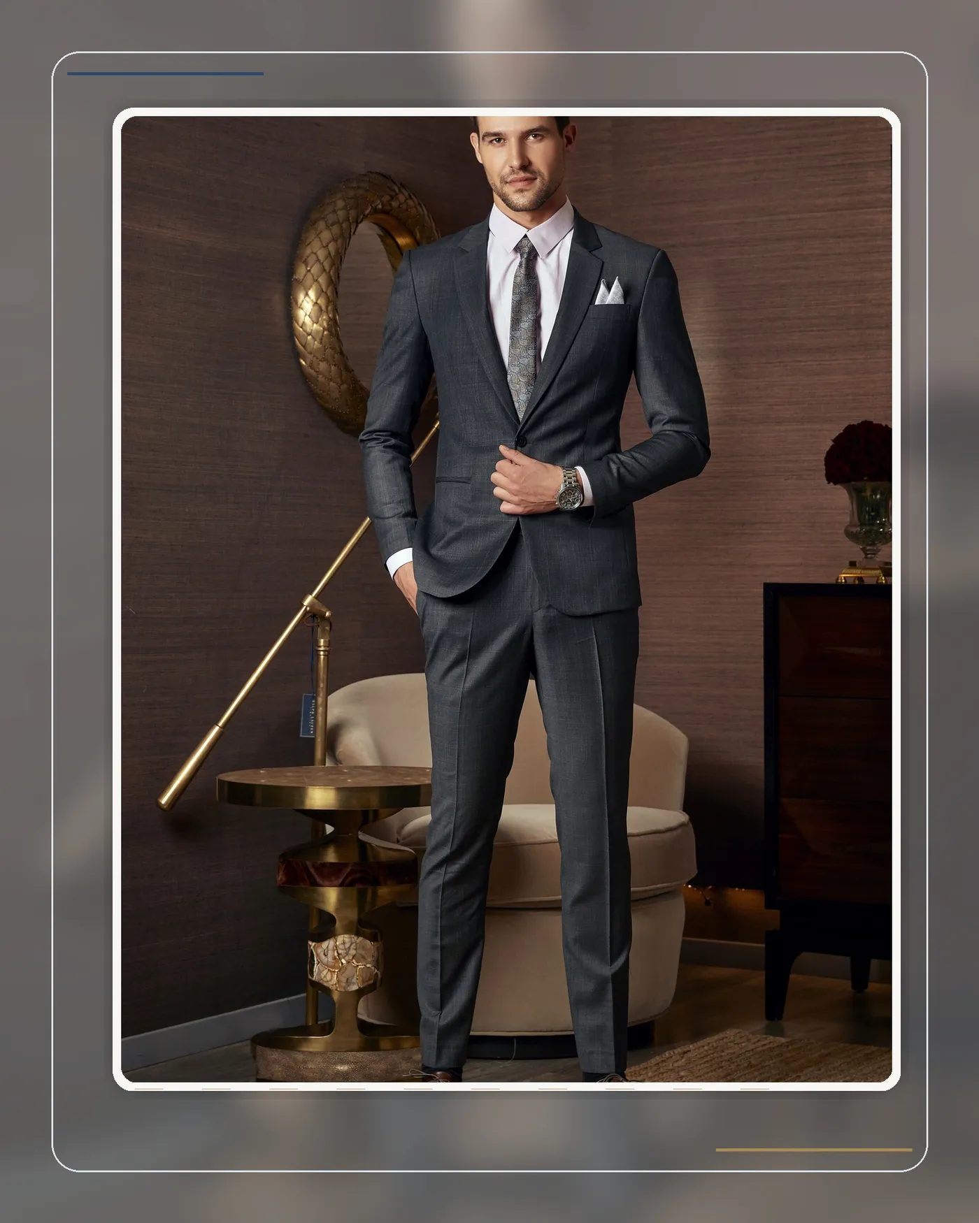 A plain charcoal suit in fine cloth — quiet luxury for the office