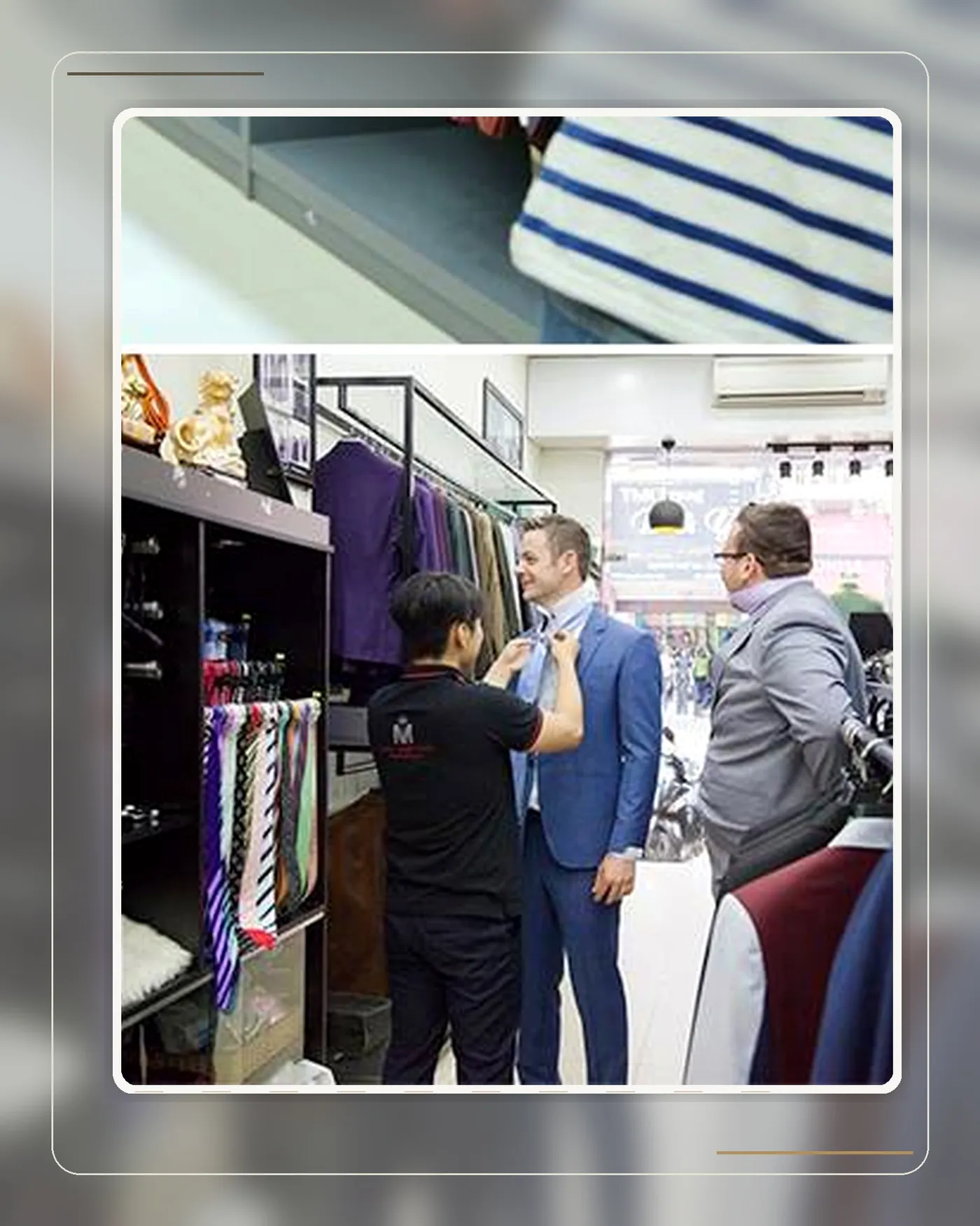 A broad-shouldered client trying on a wide-lapel suit in Mon Amie's fitting room