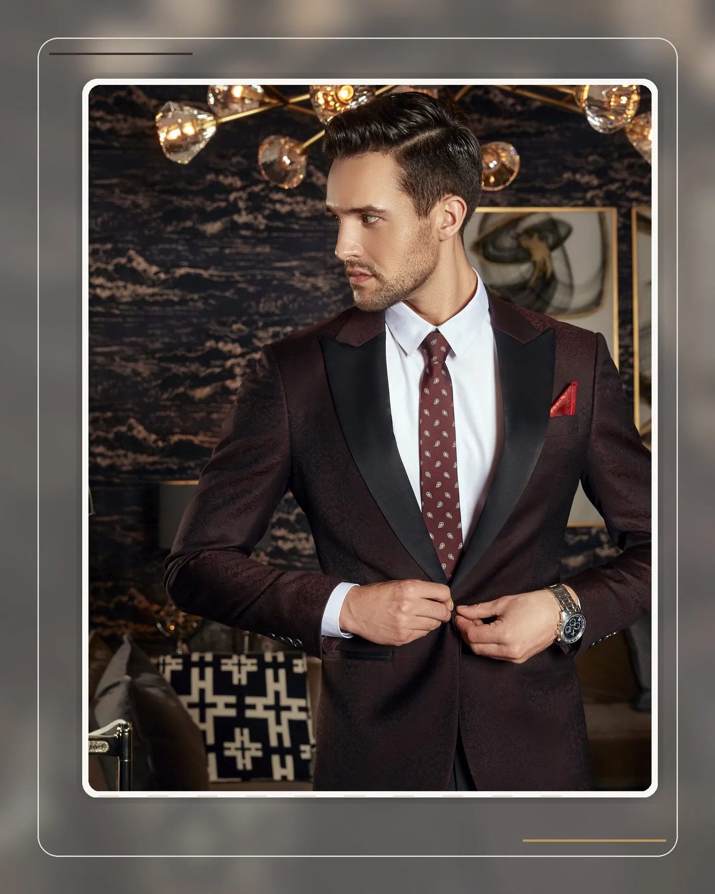 Burgundy evening wear with wide lapels creating a commanding focal point