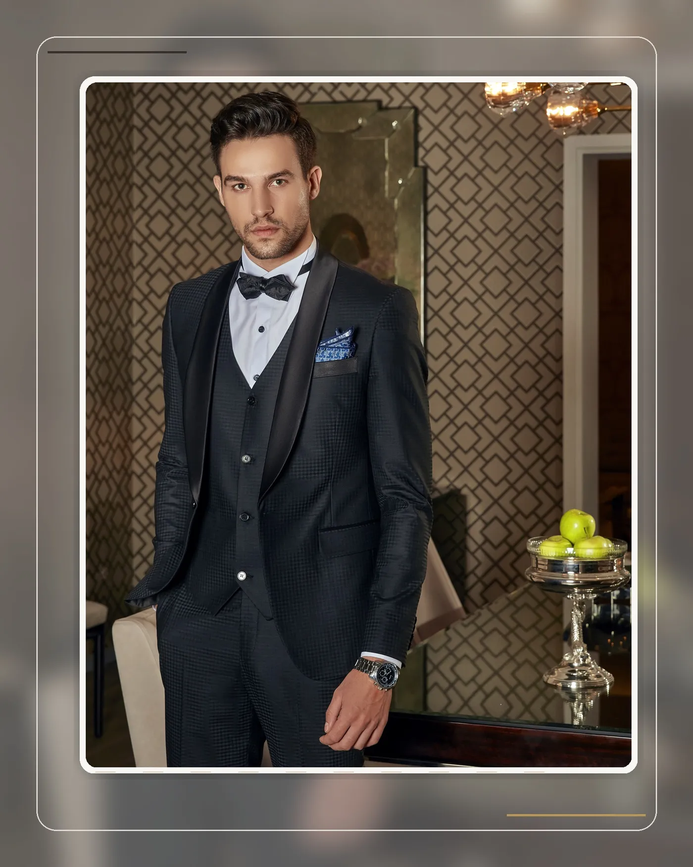 Full black tuxedo look with accessories coordinated from bow tie to shoes