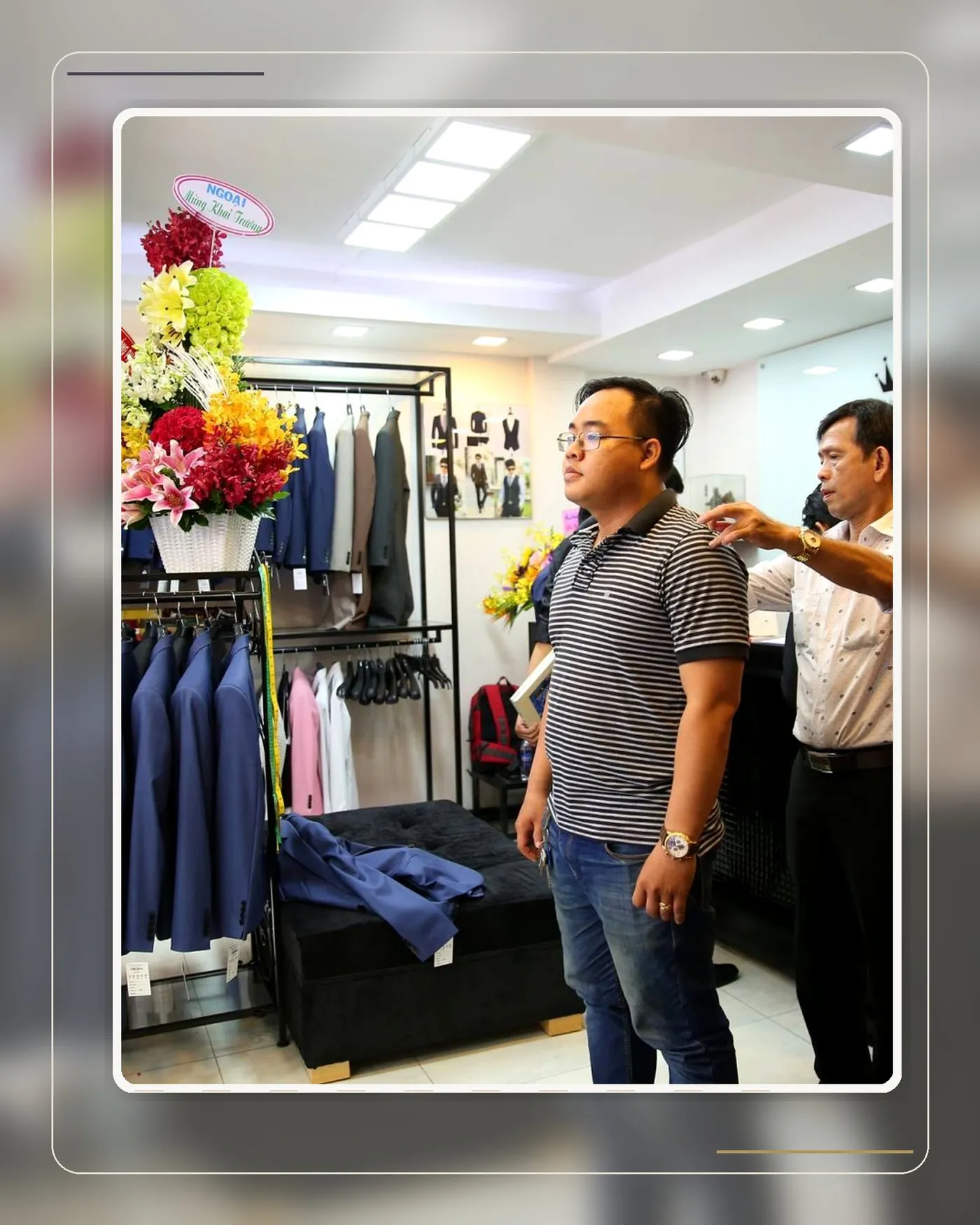 A customer handling textured fabric swatches and testing their drape at a Mon Amie store
