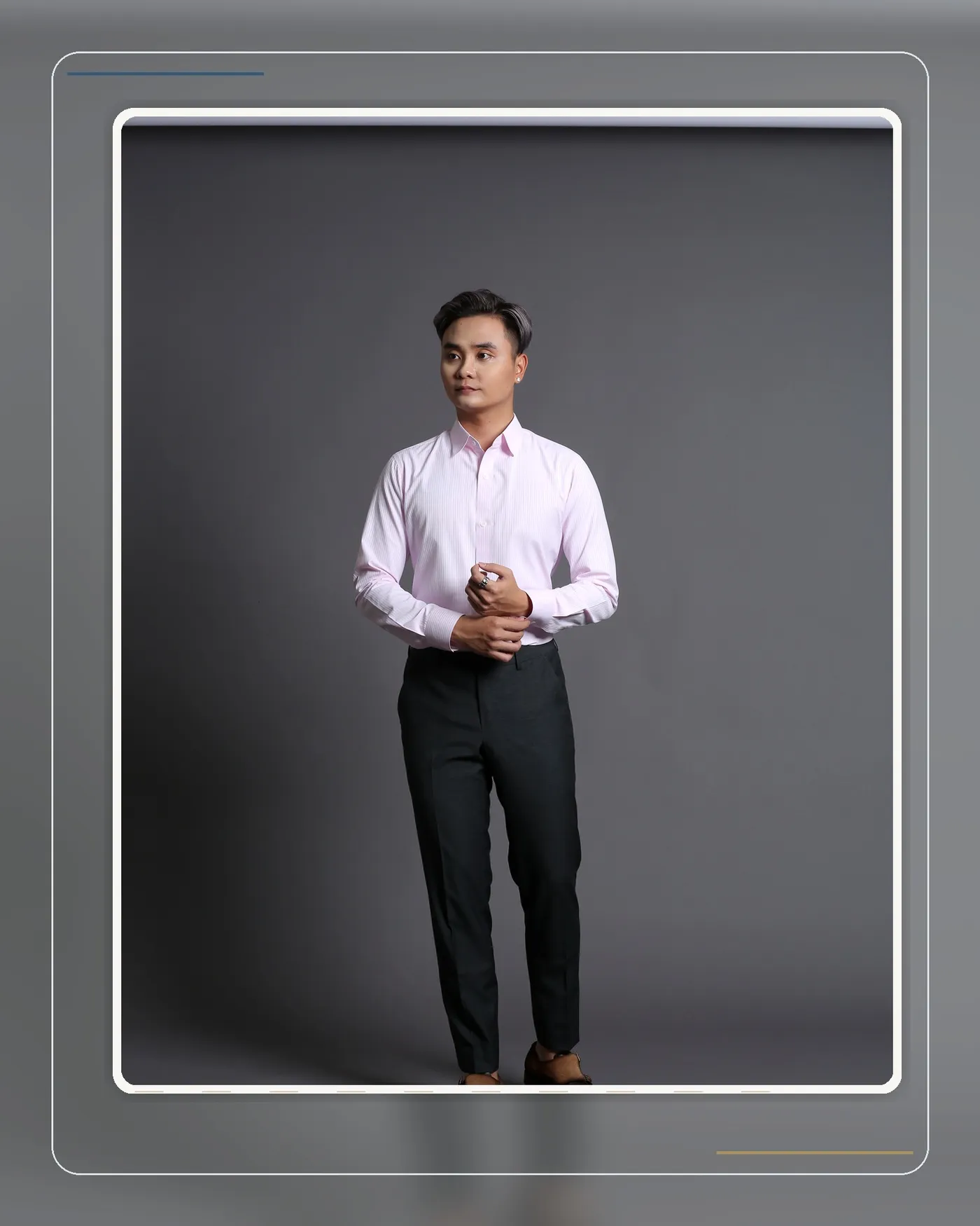 A light shirt providing a restrained backdrop for the breast-pocket accessory