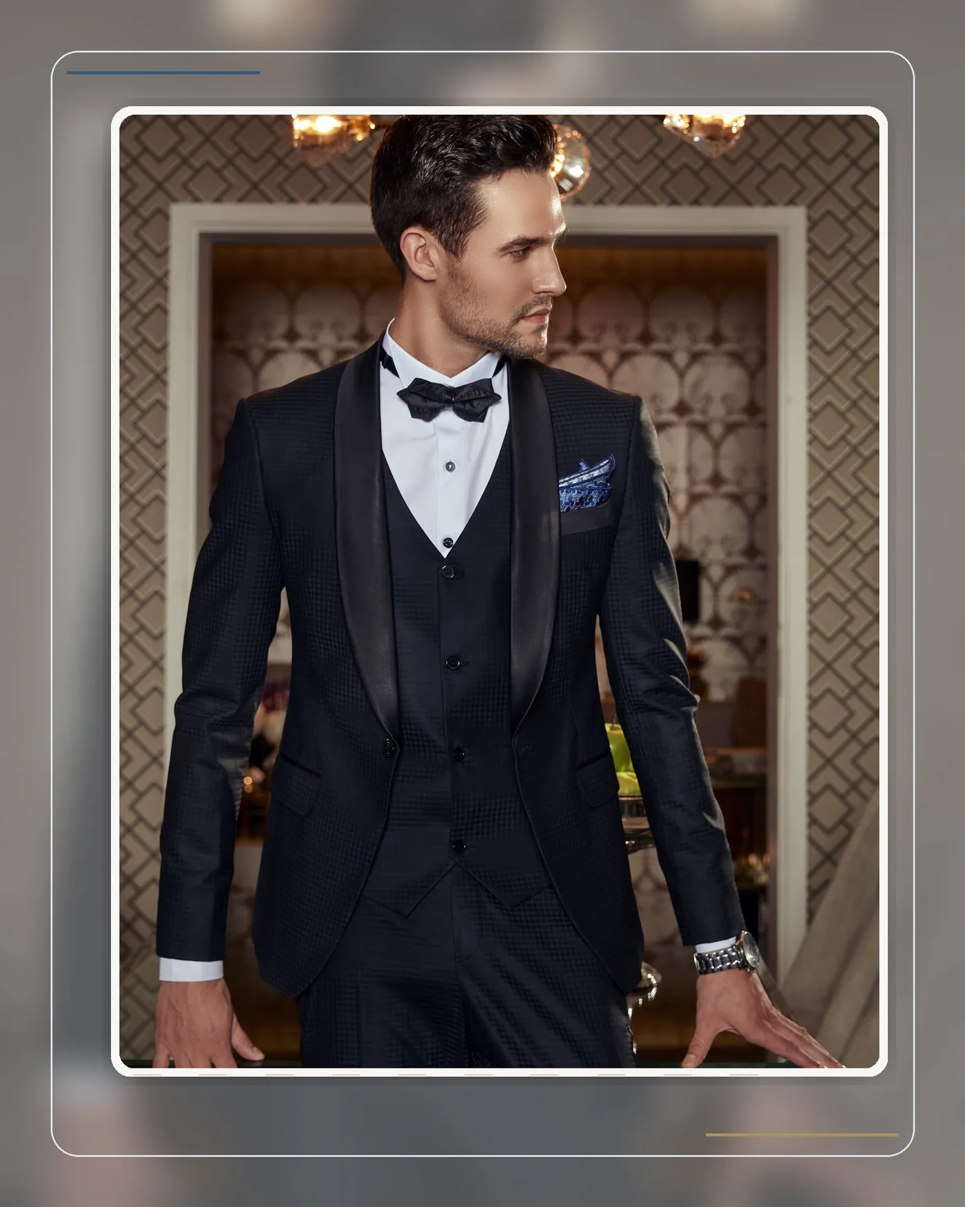 A dark suit brightened by a well-judged chest detail